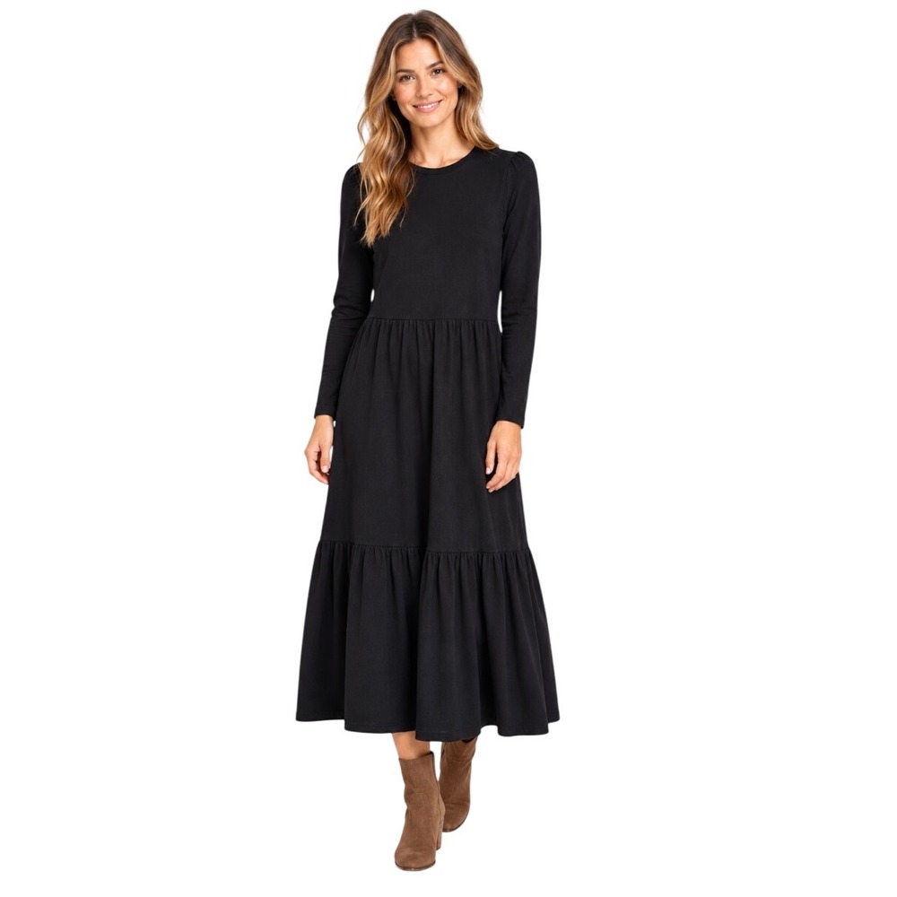 NWT Boden Black Cotton Tencel Modal Tiered Maxi Dress Size 4R Long Sleeve D1055